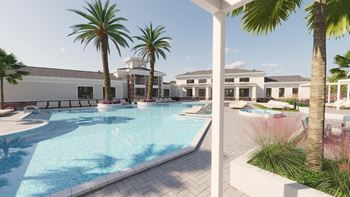 a rendering of a swimming pool with palm trees
